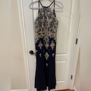 JVN By Jovani Elegant Navy and Gold Embellished Gown Size 8